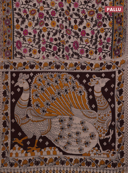 Beige & Mustard Yellow Kalamkari Cotton Saree