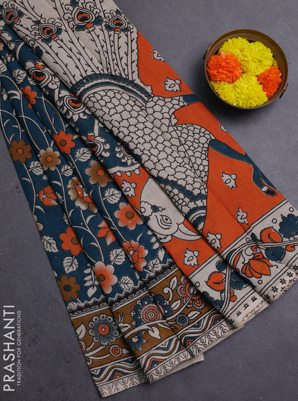 Peacock Green & Brown Kalamkari Cotton Saree