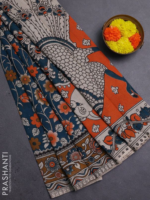 Peacock Green & Brown Kalamkari Cotton Saree