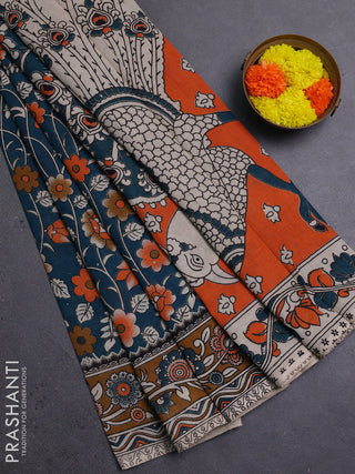 Peacock Green & Brown Kalamkari Cotton Saree