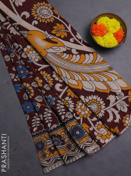 Coffee Brown & Mustard Yellow Kalamkari Cotton Saree