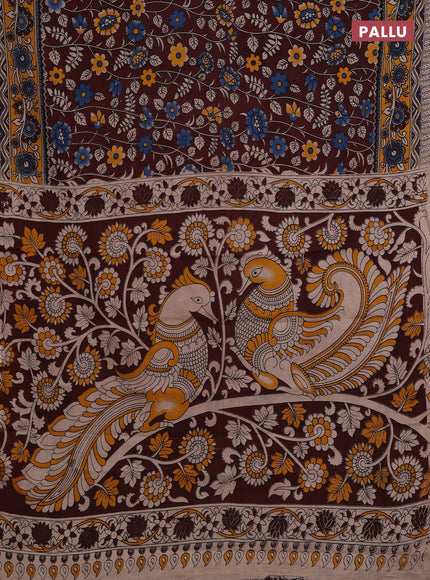 Coffee Brown & Mustard Yellow Kalamkari Cotton Saree