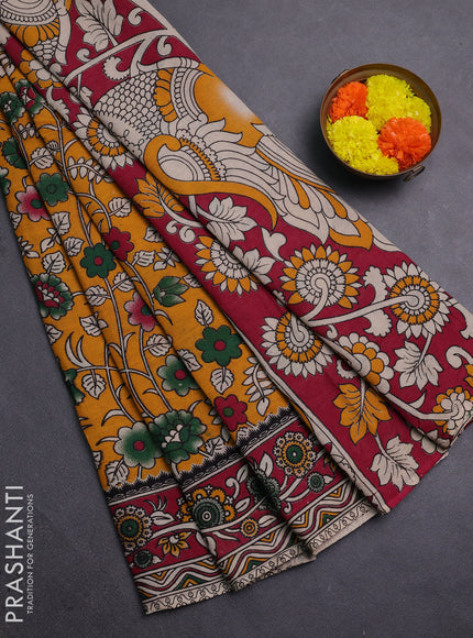 Mustard Yellow & Maroon Kalamkari Cotton Saree