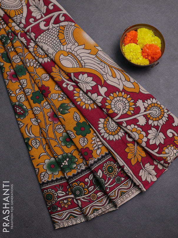 Mustard Yellow & Maroon Kalamkari Cotton Saree