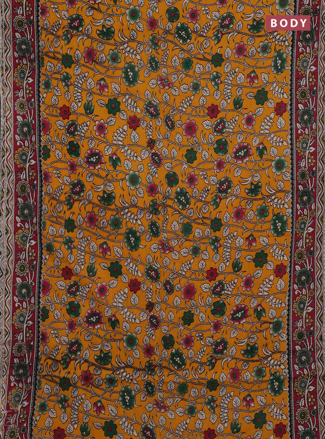 Mustard Yellow & Maroon Kalamkari Cotton Saree
