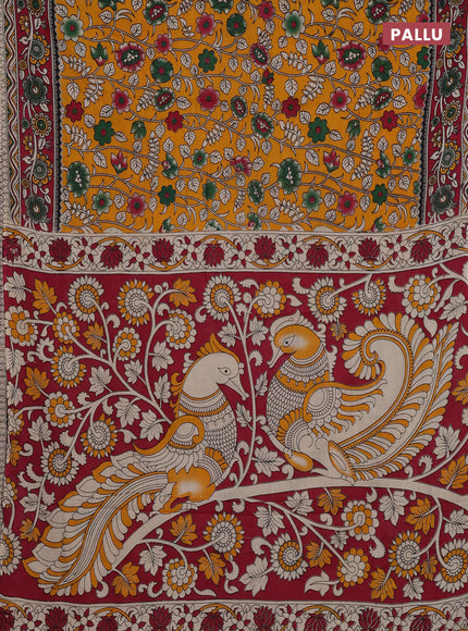 Mustard Yellow & Maroon Kalamkari Cotton Saree