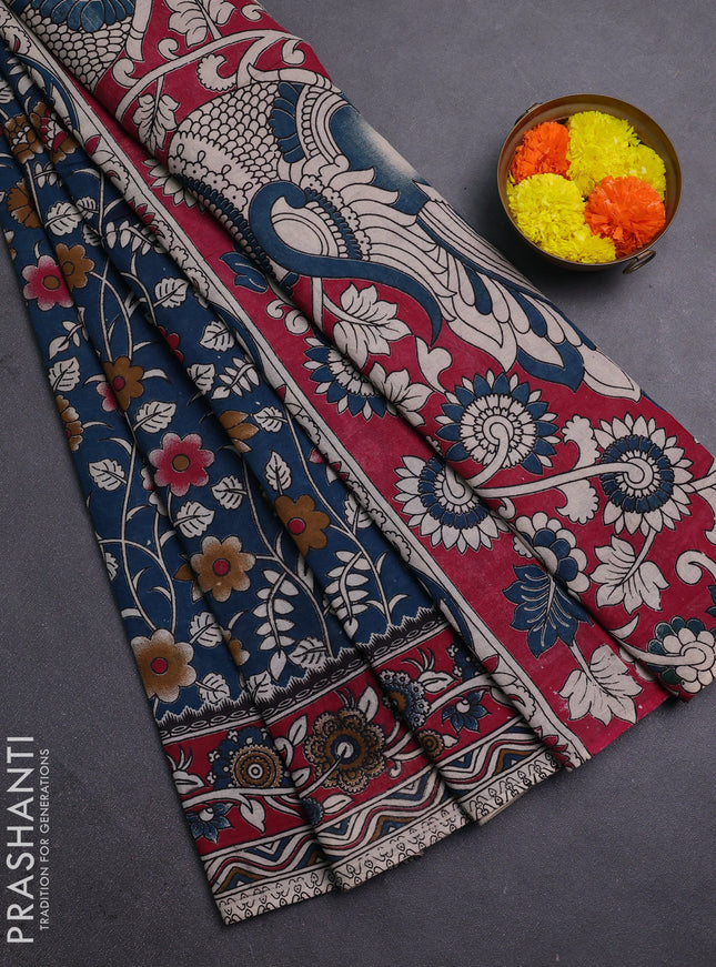 Peacock Green & Maroon Kalamkari Cotton Saree