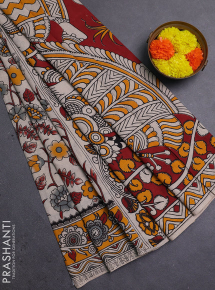 Beige & Mustard Yellow Kalamkari Cotton Saree