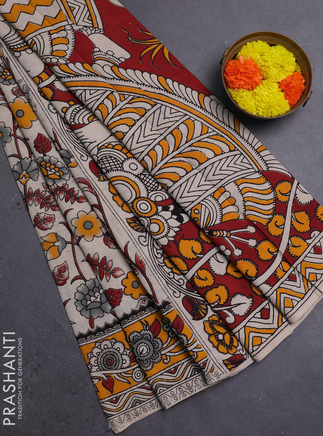 Beige & Mustard Yellow Kalamkari Cotton Saree