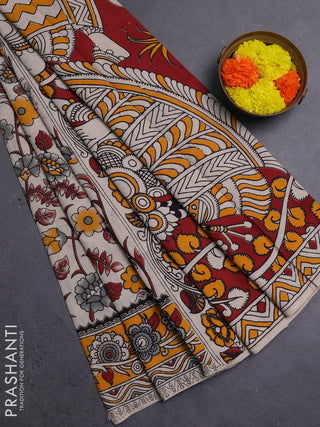 Beige & Mustard Yellow Kalamkari Cotton Saree