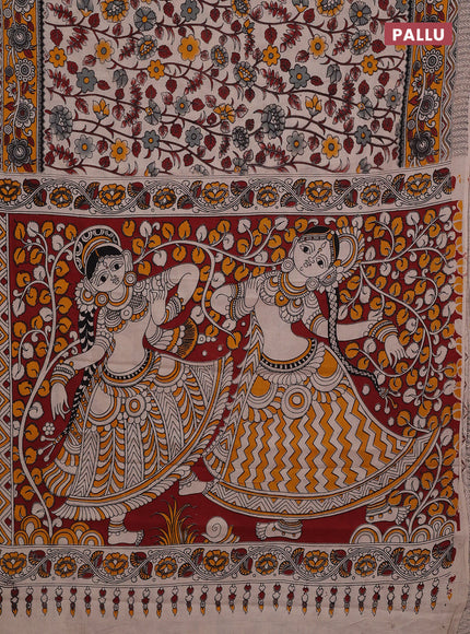 Beige & Mustard Yellow Kalamkari Cotton Saree