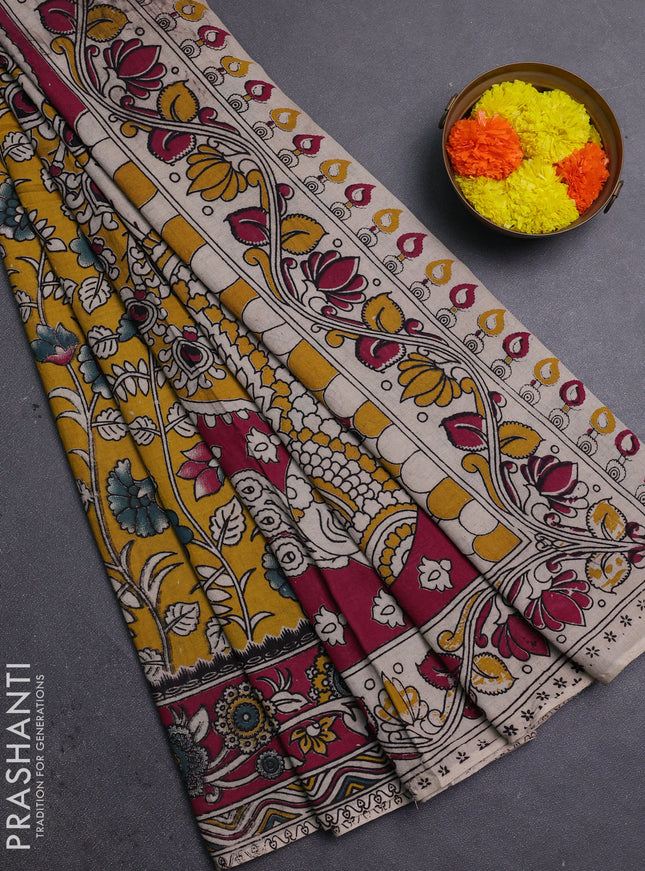 Mustard Yellow & Magenta Pink Kalamkari Cotton Saree
