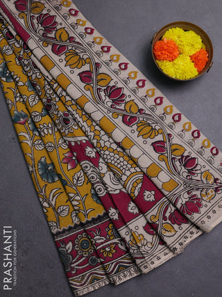 Mustard Yellow & Magenta Pink Kalamkari Cotton Saree