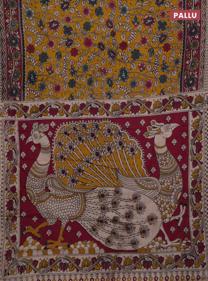 Mustard Yellow & Magenta Pink Kalamkari Cotton Saree