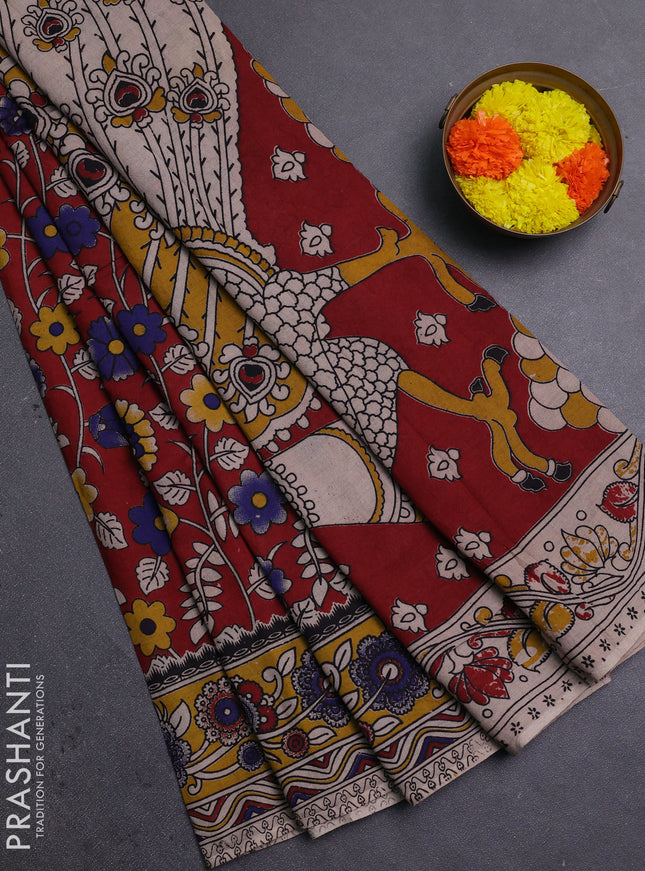 Red & Mustard Yellow Kalamkari Cotton Saree