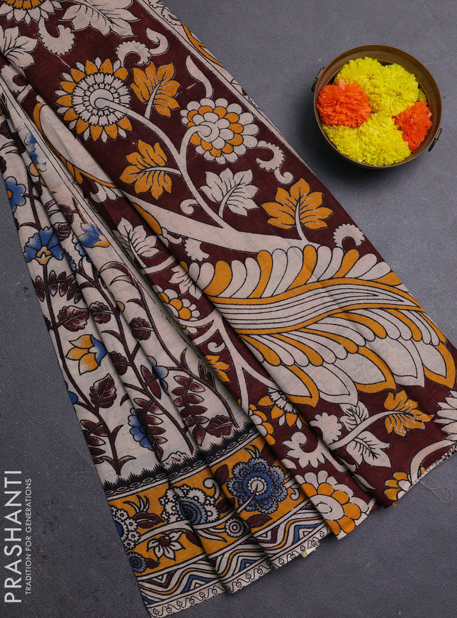 Beige & Mustard Yellow Kalamkari Cotton Saree