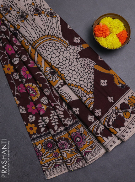 Coffee Brown & Mustard Yellow Kalamkari Cotton Saree