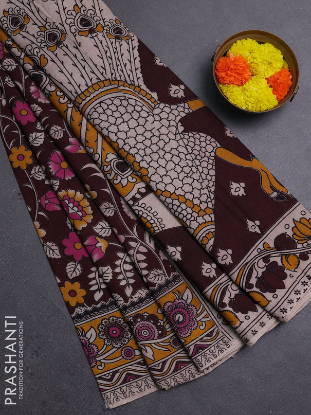 Coffee Brown & Mustard Yellow Kalamkari Cotton Saree
