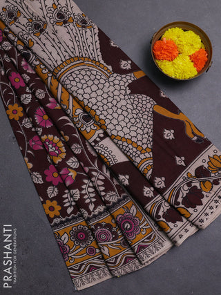 Coffee Brown & Mustard Yellow Kalamkari Cotton Saree