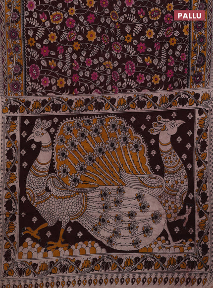 Coffee Brown & Mustard Yellow Kalamkari Cotton Saree