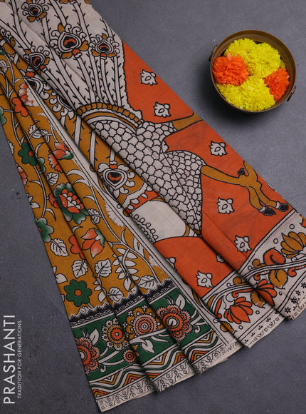 Mustard Yellow & Green Kalamkari Cotton Saree