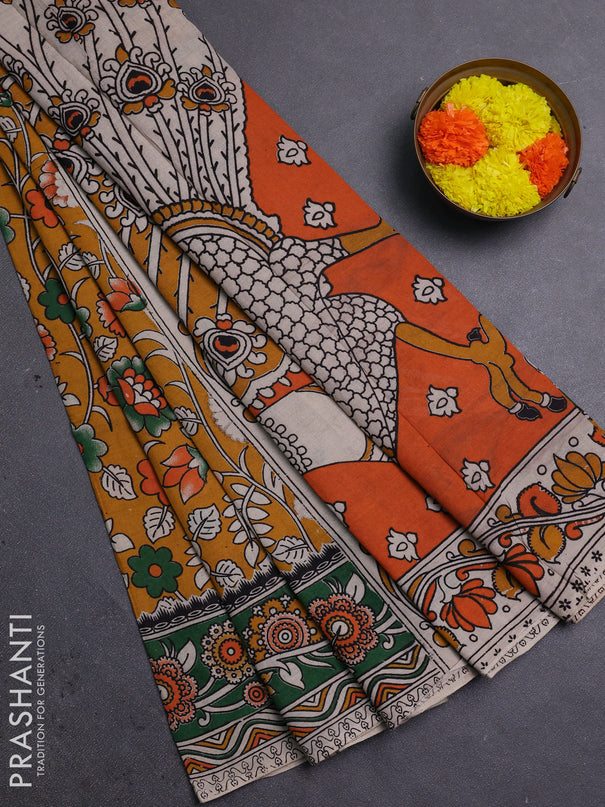 Mustard Yellow & Green Kalamkari Cotton Saree