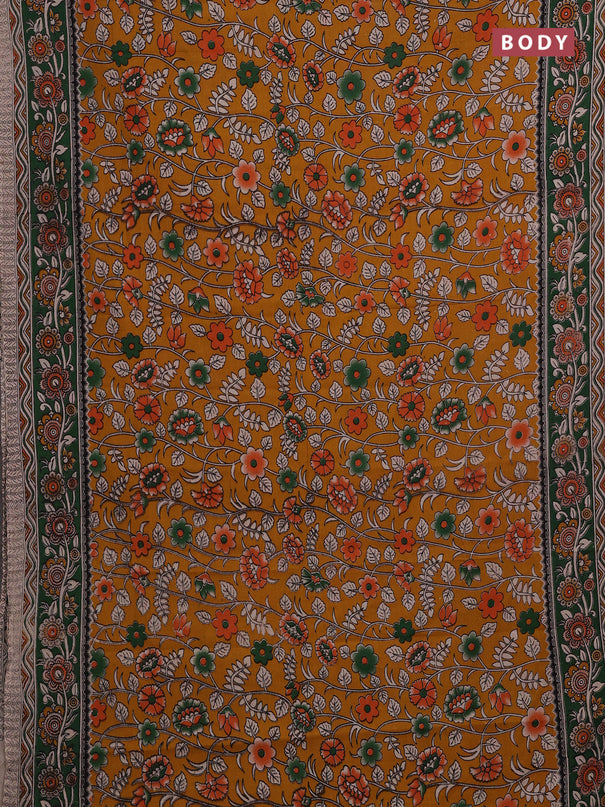 Mustard Yellow & Green Kalamkari Cotton Saree