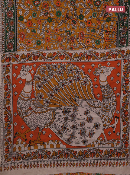 Mustard Yellow & Green Kalamkari Cotton Saree