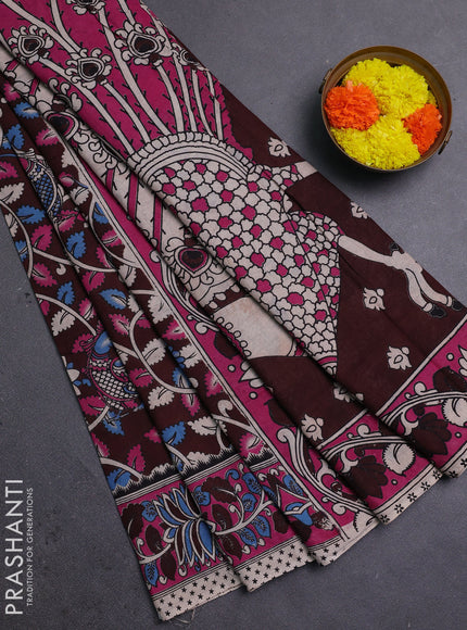 Coffee Brown & Magenta Pink Kalamkari Cotton Saree