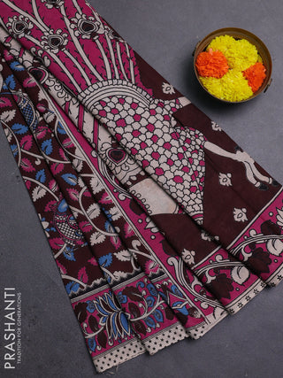 Coffee Brown & Magenta Pink Kalamkari Cotton Saree