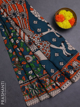 Peacock Green & Orange Kalamkari Cotton Saree