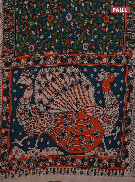 Peacock Green & Orange Kalamkari Cotton Saree