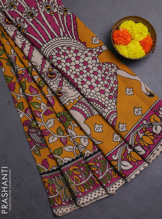 Mustard Yellow & Magenta Pink Kalamkari Cotton Saree