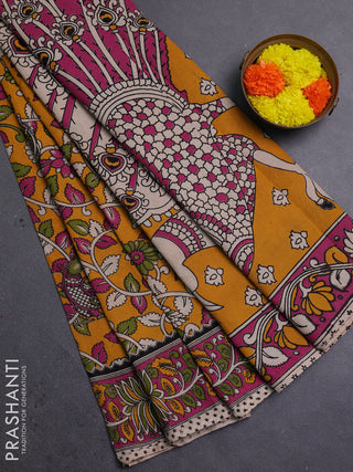 Mustard Yellow & Magenta Pink Kalamkari Cotton Saree