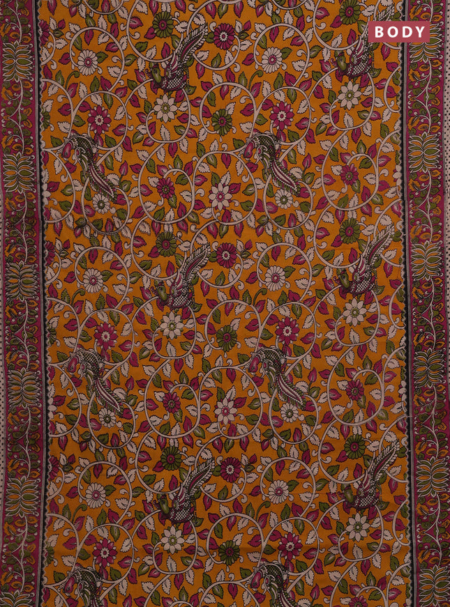 Mustard Yellow & Magenta Pink Kalamkari Cotton Saree