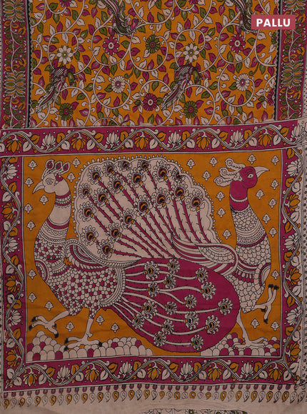 Mustard Yellow & Magenta Pink Kalamkari Cotton Saree