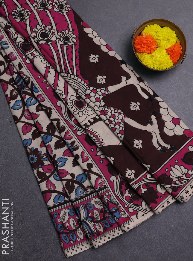 Coffee Brown & Magenta Pink Kalamkari Cotton Saree