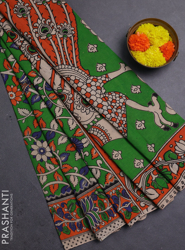 Green & Orange Kalamkari Cotton Saree