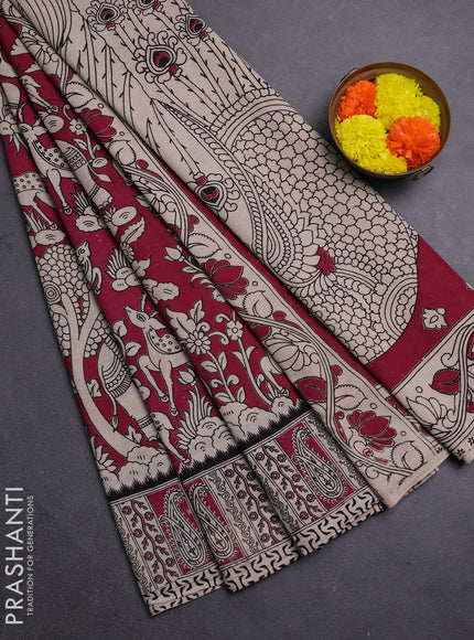 Beige & Magenta Pink Kalamkari Cotton Saree