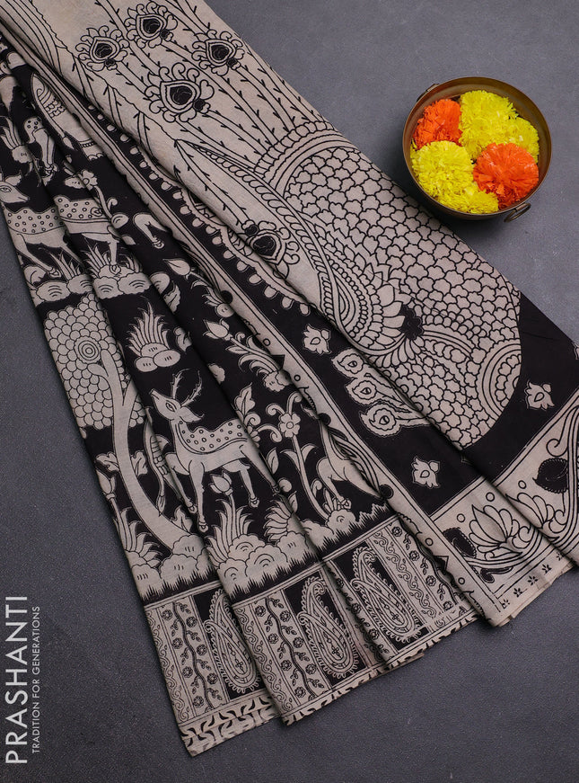 Beige & Black Kalamkari Cotton Saree