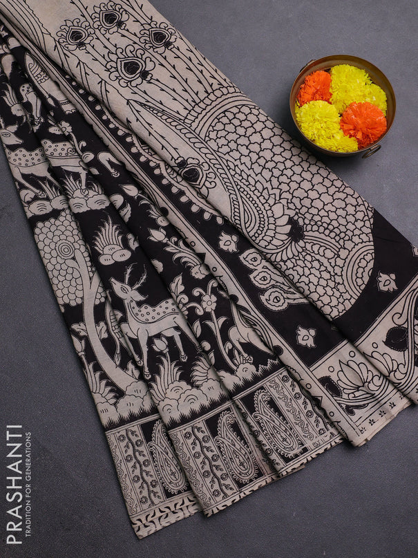 Beige & Black Kalamkari Cotton Saree