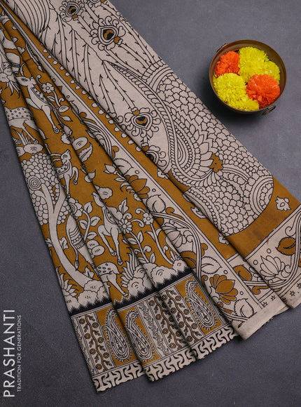 Beige & Mustard Yellow Kalamkari Cotton Saree