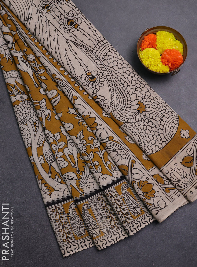 Beige & Mustard Yellow Kalamkari Cotton Saree