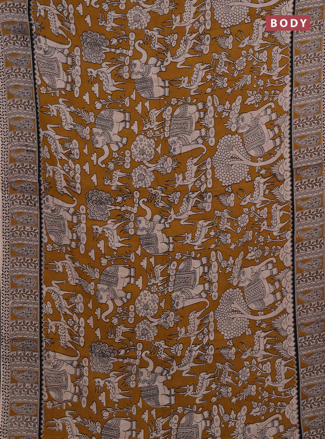 Beige & Mustard Yellow Kalamkari Cotton Saree