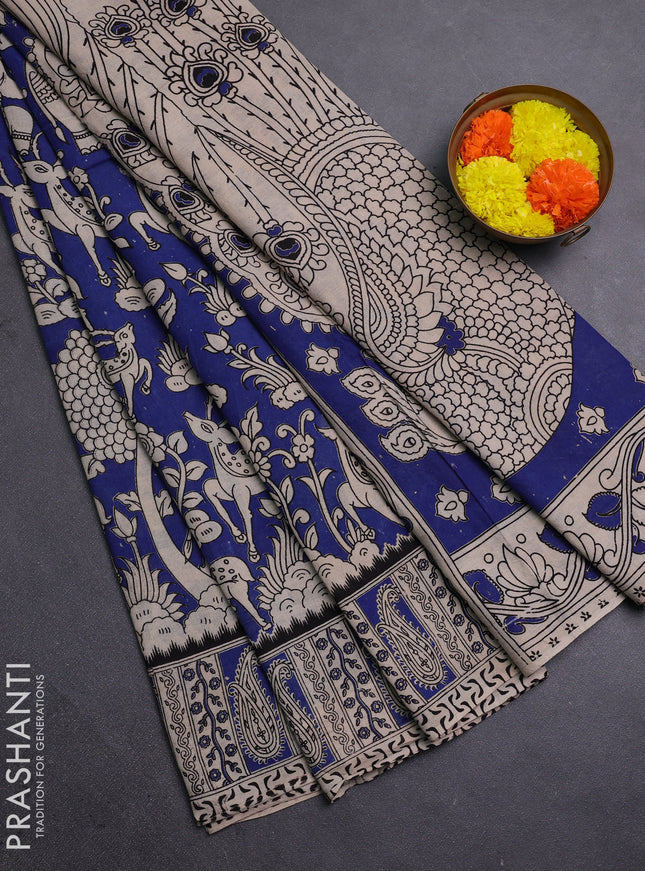 Beige & Blue Kalamkari Cotton Saree