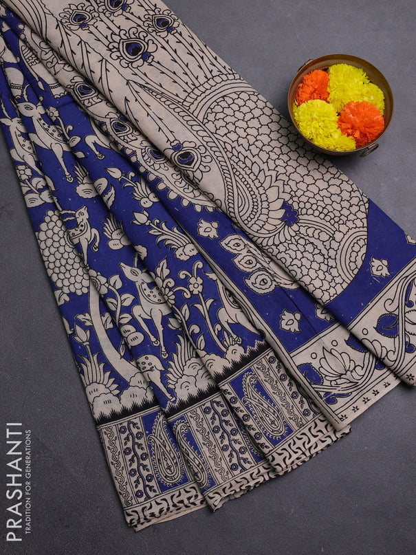 Beige & Blue Kalamkari Cotton Saree