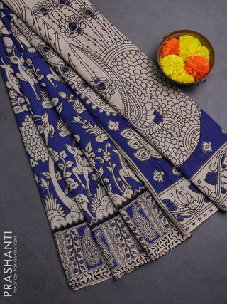 Beige & Blue Kalamkari Cotton Saree