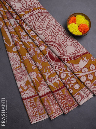 Mustard Yellow & Maroon Kalamkari Cotton Saree