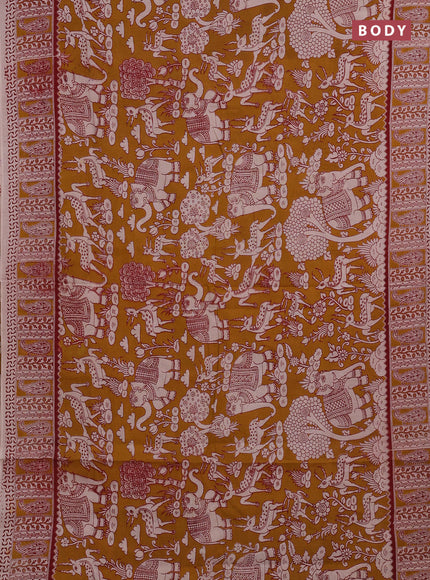 Mustard Yellow & Maroon Kalamkari Cotton Saree