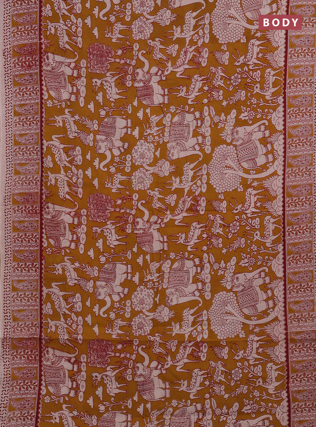 Mustard Yellow & Maroon Kalamkari Cotton Saree